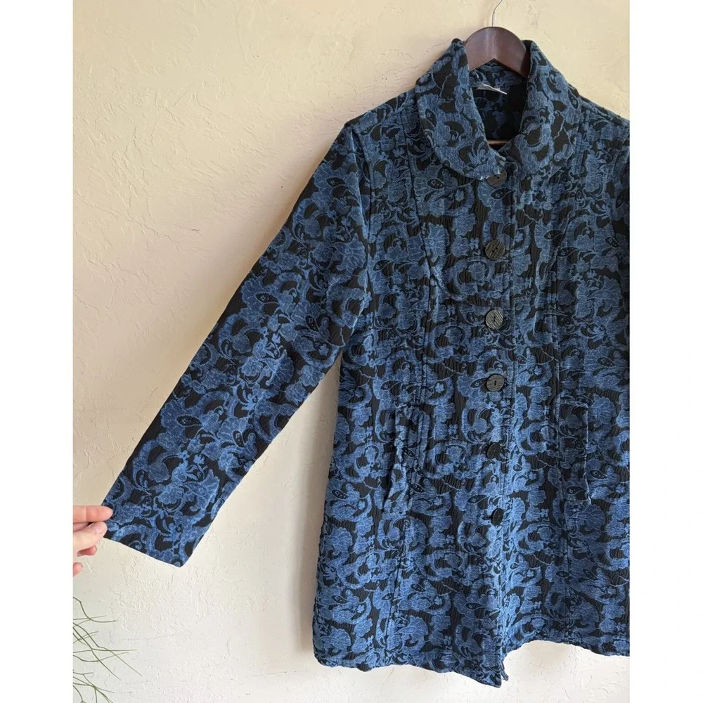 Vintage CMC Blue Floral Tapestry Jacquard Coat M Maximalist Boho Brocade Retro